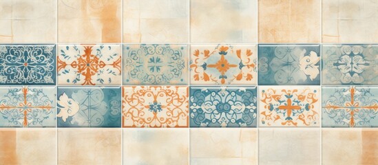 An up-close view of a tiled wall featuring a variety of different designs and patterns