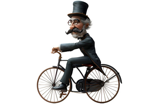 A quirky 3D cartoon render of a gentleman balancing on a penny-farthing bicycle.