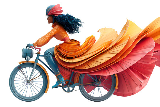 A whimsical 3D cartoon illustration of a lady riding a colorful penny-farthing bicycle.