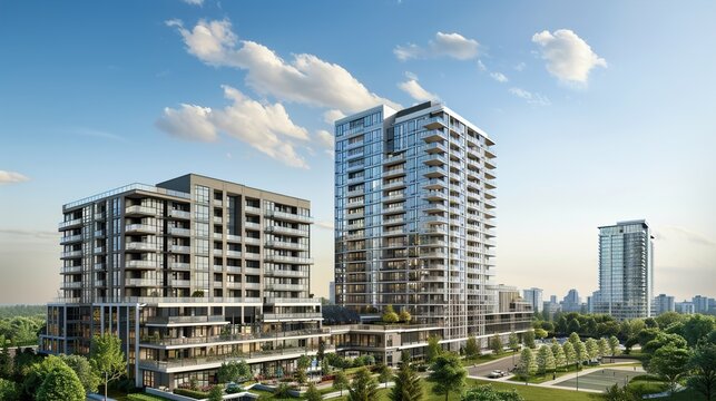 A prestigious mixed-use development featuring a blend of residential, commercial, and recreational spaces in a modern architectural style that epitomizes luxury living.