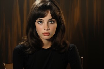 Fototapeta premium A young woman with long, dark hair and green eyes looks directly at the camera