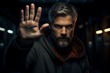 Fototapeta premium A man with a beard holds up his hand, palm forward, with a serious expression on his face