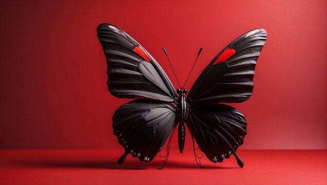 black butterfly solid red background