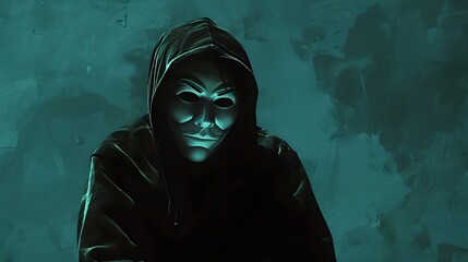 Mysterious figure in a dark hoodie emerges from shadows. Cybersecurity concept art. Hacker portrait in moody colors. Ideal for tech thriller covers. AI - obrazy, fototapety, plakaty
