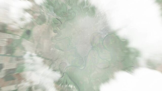 Earth zoom in from space to Uralsk, Kazakhstan. Followed by zoom out through clouds and atmosphere into space. Satellite view. Travel intro. Images from NASA