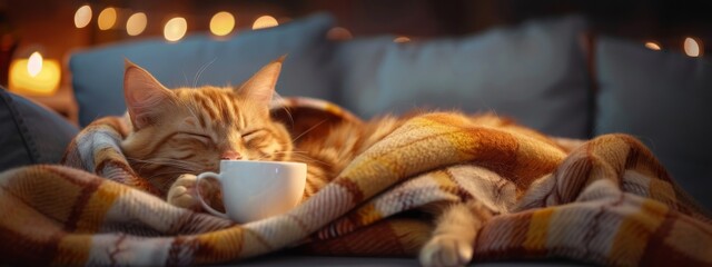 Cozy ginger cat napping on a blanket with a warm cup, evoking a sense of comfort and homely warmth; Concept of relaxation, domestic life, and pet care
