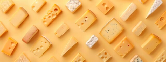 Pattern of assortment cheeses on yellow background.  Different kinds of delicious cheese. Suluguni with spice, camembert, blue cheese, parmesan, maasdam, brie cheese with rosemary and pepper. - obrazy, fototapety, plakaty
