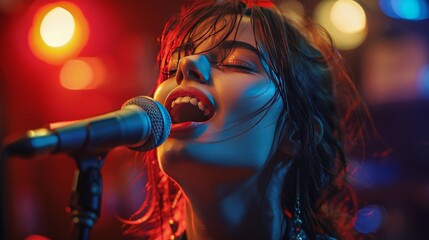 Woman Singing Into Microphone With Red Light - obrazy, fototapety, plakaty