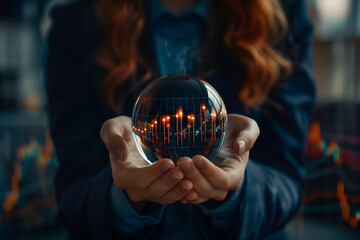 Stock market prediction, financial forecasting. Woman holding a crystal globe with a candlestick chart showing in it. High quality photo - obrazy, fototapety, plakaty