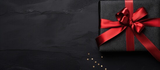 A minimalist image of a gift box in black color with a vibrant red ribbon and bow, placed on a solid black background