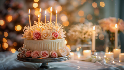 A birthday cake perches atop a delicate platter, its surface adorned with delicate pink roses and a row of ignited candles that emit a soft, flickering glow, casting a warm ambiance over the scene