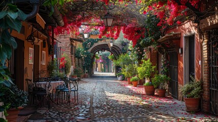 Fototapeta premium Cobblestone Street With Potted Plants and Flowers