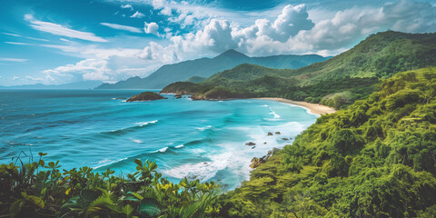 Fototapeta na wymiar Serene Caribbean Coastline with Lush Greenery and Turquoise Waters