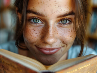 Captivating Young Woman with Freckles Reading a Book