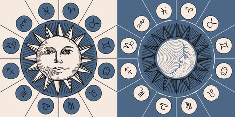 Set Vector circle of the Zodiac signs in retro style with icons, decorated with hand-drawn Sun and Moon - 764289149