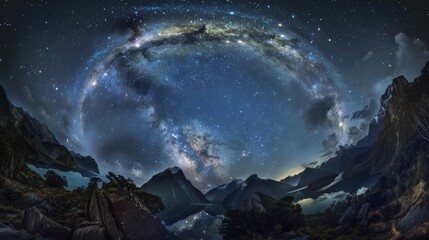Panoramic Milky Way Galaxy Over Mountains for Astronomy Education