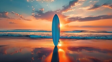 A surfboard sitting on top of a sandy beach.