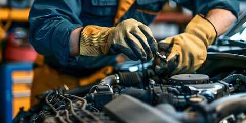A man wearing mechanic gloves works on a car engine in a garage. Concept Automotive maintenance, Garage work, Technician in action, Mechanic attire, Car repair,