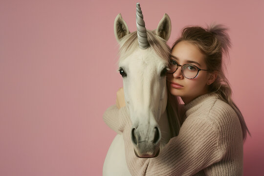 Beautiful nerdy girl wearing glasses  while hugging a unicorn as a symbol of startup company on a pink background with copy space