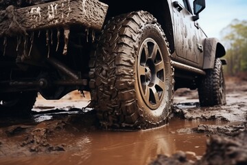 A truck drives through a large mud puddle, splashing mud in all directions.