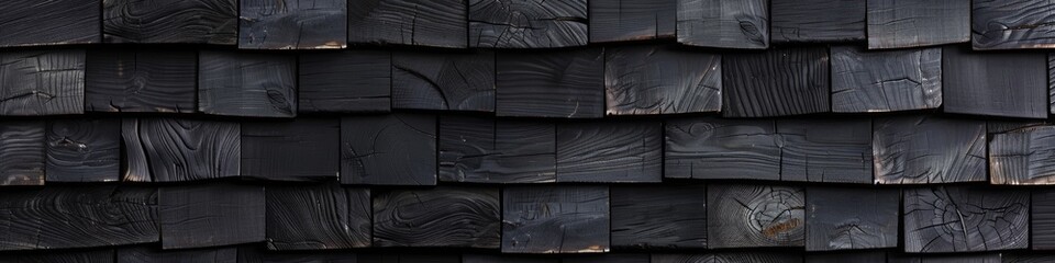 Black wooden shingle wall background, texture pattern for web design or print presentation of architectural elements. Wide banner with copy space for web design or print presentation, magazine cover