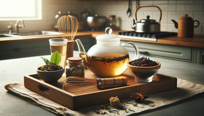 a wooden tray topped with a tea pot filled with tea