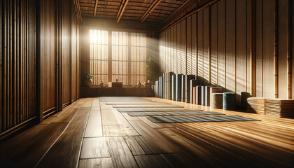 a row of yoga mats sitting on top of a wooden floor