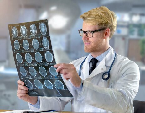junger Arzt schaut auf ein Röntgenbild