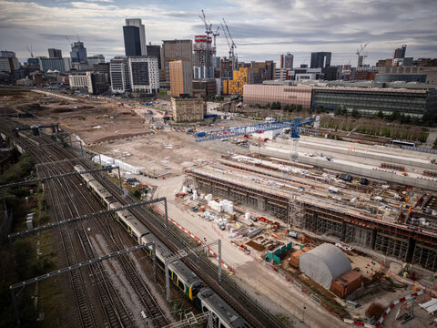 BIRMINGHAM, UK - MARCH 20, 2024 - Aerial drone view of Birmingham Curzon Street HS2 construction and development work