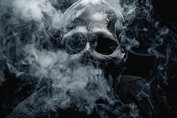 skull surrounded with smoke a dark background