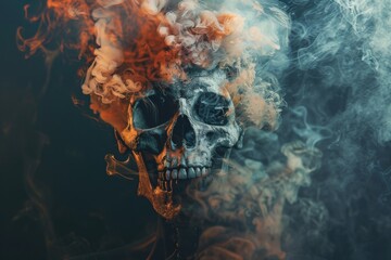 skull surrounded with smoke a dark background