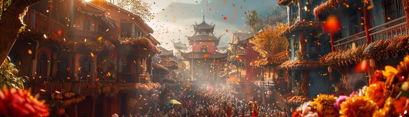 Craft a visually stunning long shot that showcases the vibrant celebrations of various global festivals Incorporate elements such as intricate decorations, spirited dancers, and jubilant spectators to