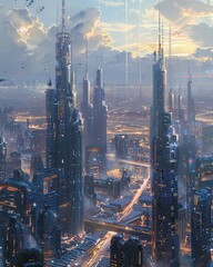 Design a futuristic cityscape with sleek skyscrapers, bustling streets, and advanced transportation systems Show a society where resources are abundant due to technological advancements, conveying a s - obrazy, fototapety, plakaty