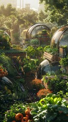 Illustrate a lush and thriving community garden, showcasing an abundance of diverse plant life and futuristic farming technology Capture the essence of a society where scarcity is nonexistent, and env