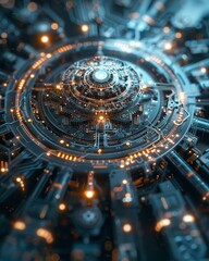 Obraz premium Illustrate an intricate network of interconnected gears and circuits, symbolizing the inner workings of moral algorithms Use a high-angle perspective to highlight the precision and interconnectedness 