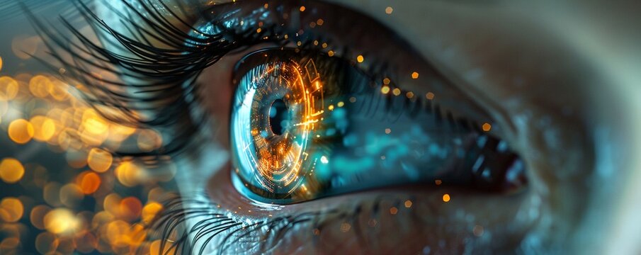 Capture the convergence of technology and humanity through a thought-provoking image of a persons eye-level perspective, hinting at the impact of mind uploading tech on society and individuals