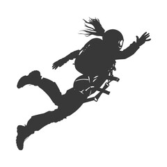 Silhouette skydiver woman in action full body black color only