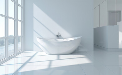 A modern, minimalist bathroom with a sleek white bathtub and large windows allowing natural light to flood in.