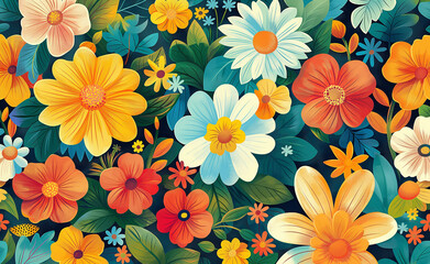 A detailed floral pattern featuring an array of colorful flowers against a dark background.