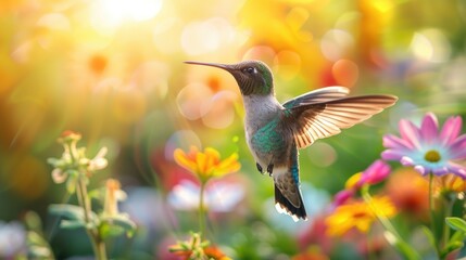 Naklejka premium Hummingbird Amongst Vibrant Flowers