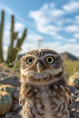 Naklejka premium Close-Up of a Burrowing Owl Among Cacti