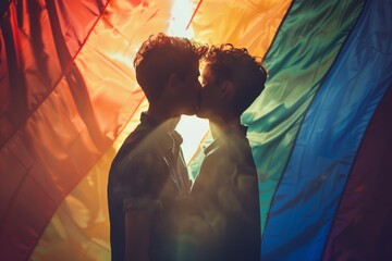 two men kissing in front of a Rainbow flag - obrazy, fototapety, plakaty