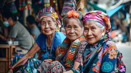 Fototapeta premium Three asian women sitting on a street in Bangkok