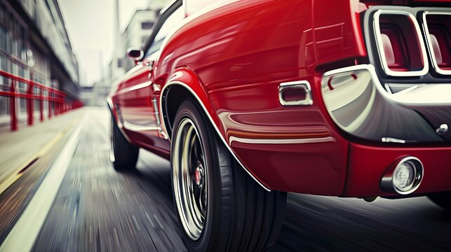A dynamic rear angle view of a generic red American muscle car, conveying speed and