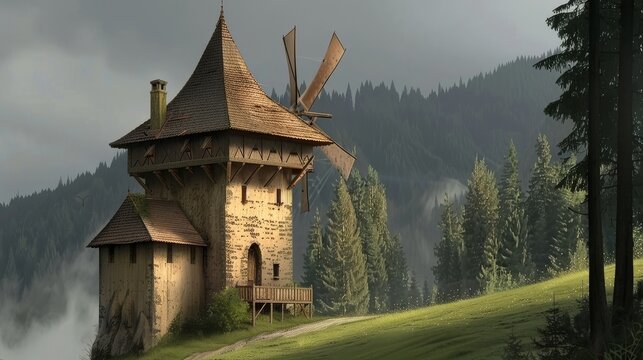 a painting of a house in the middle of a forest with a windmill on top of the roof of the house.