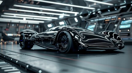 A futuristic black car showcased in a high-tech environment, exemplifying cutting-edge automotive design and technology