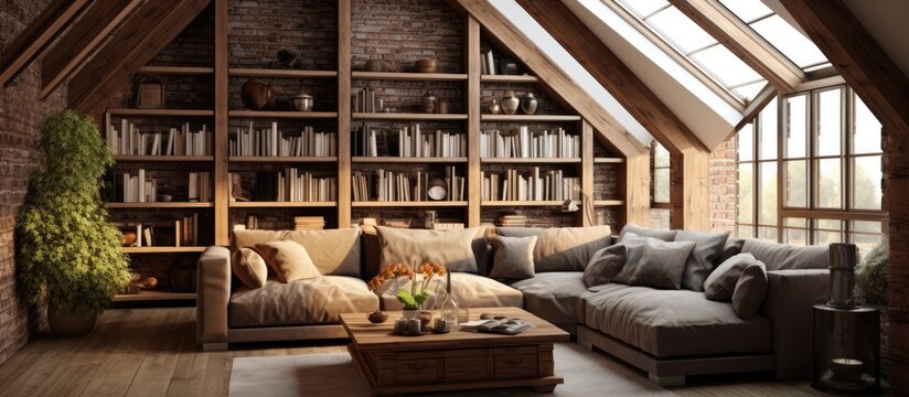 A warm and inviting living room setup featuring a comfortable couch, elegant coffee table, and well-stocked bookshelf