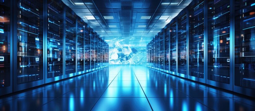 A room filled with servers, featuring a big screen showing a detailed world map