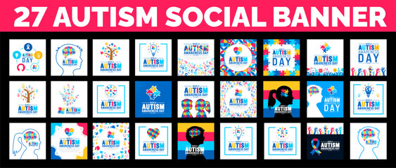 27 big mega bundle of Autism Awareness Day social media post banner design. Autism Awareness Day banner or background big set with puzzle piece, child hand, ribbon, love icon, child girl, boy vector. - obrazy, fototapety, plakaty
