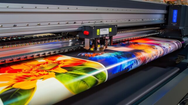 A large-format inkjet printer at work, a key tool in producing banners, posters, and other large printed materials